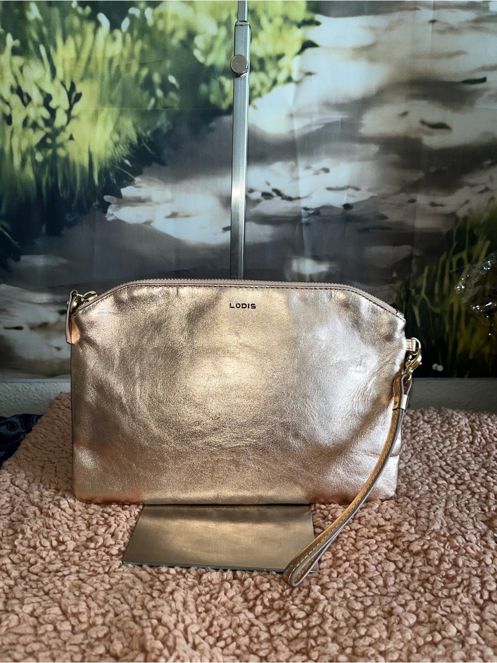 Lodis Metallic Rose Gold Leather Wristlet Clutch